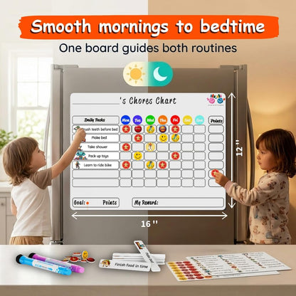 Mimi Doodle Magnetic Chore Chart for Kids – 16x12 Dry Erase Daily Responsibility Board for Fridge with 39 Chore tabs, 100 Reward Stickers – Behavior Chart for Kids at Home – Simple Theme