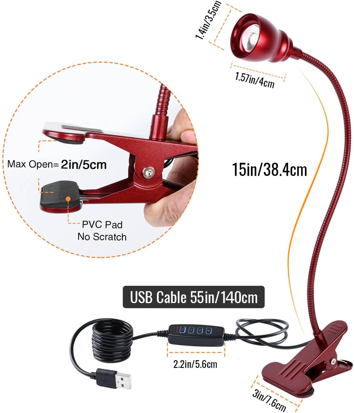 Zoomable Clip on Light, Clamp Reading Light for Dorm Bed Headboard, Dimmable Spotlight with 3 Color Temperature Options, 10 Dimmable Brightness Levels, Adjustable Beam Angle