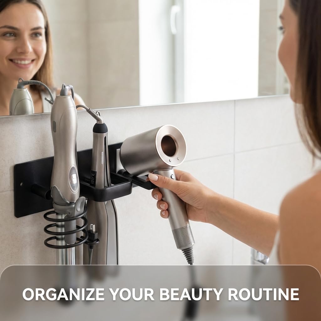 Universal Hair Dryer Holder, Self Adhesive Wall Mount, White | Universal storage rack fits most brand blow dryers, ideal for bathroom organization