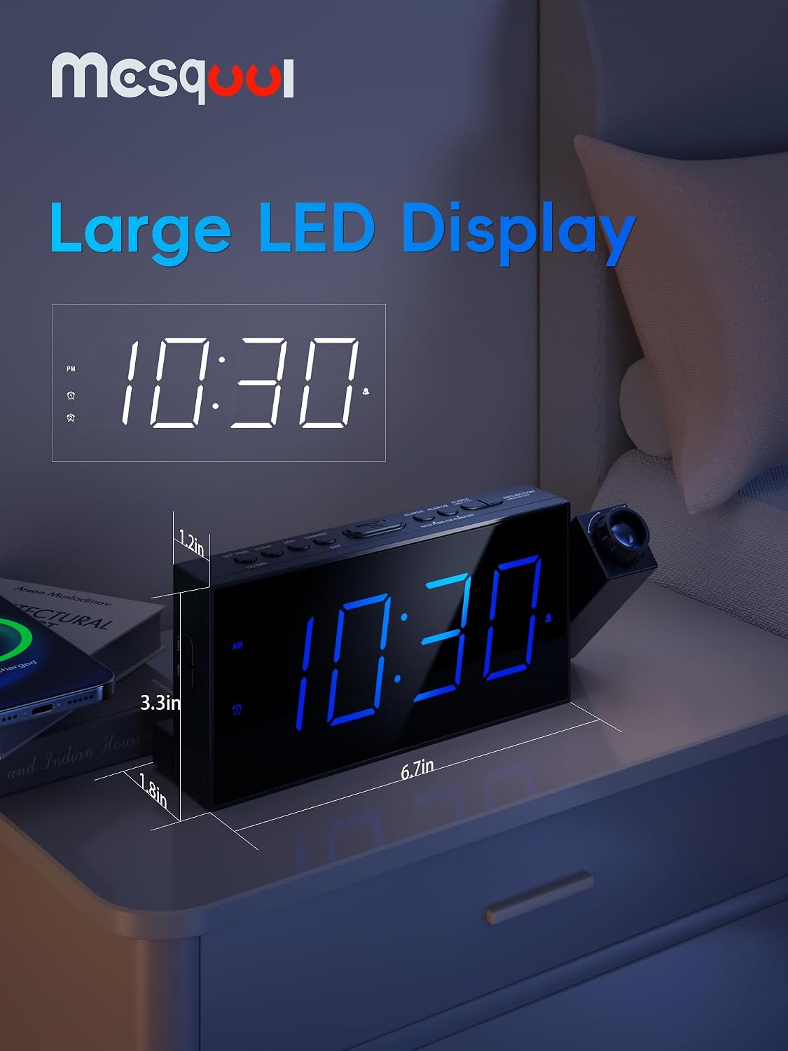 Mesqool Projection Alarm Clock with Bed Shaker, Dual Alarms