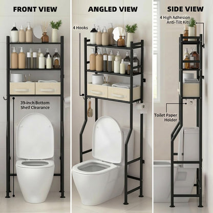 GloTika 3-Tier Over Toilet Storage, Anti-Tilt, 64" H, Black | Anti-Tilt Safety System, 150lb Capacity, Carbon Steel, Freestanding, No Drilling, Anti-Rust Coating, Paper Holder & 4 Hooks