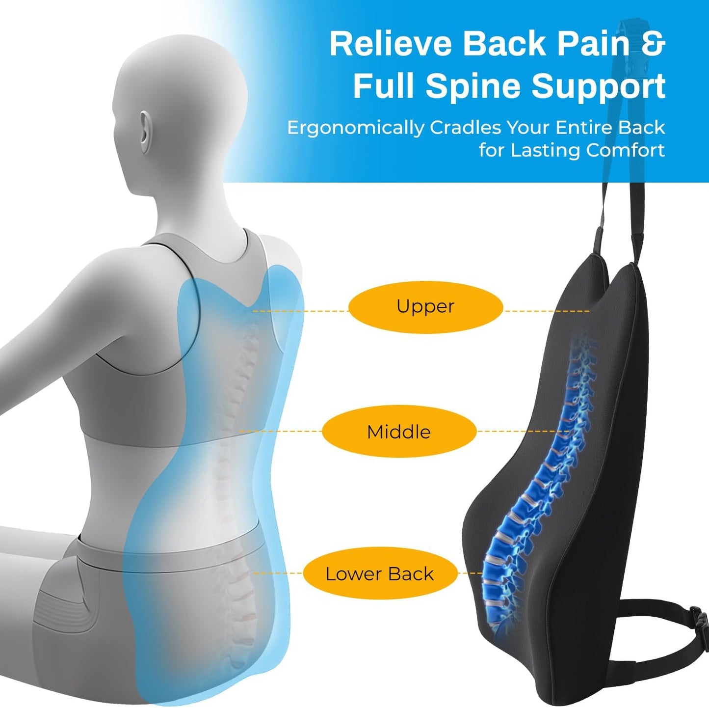 Lumbar Support Pillow for Car – Memory Foam Whole Back Relief | Adjustable Straps, Washable Cover, Anti-Slip – Daily Commute & Long Trips – 16.9"x20.9"(2.4" Thin) – Trusted by Pro Drivers