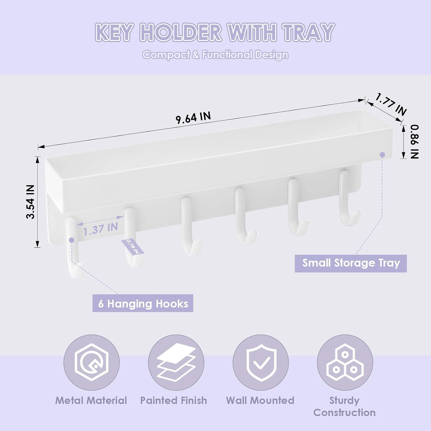 VIS'V Key Holder Wall Mount, Adhesive Key Rack with Tray, 6 Hooks, Black | 2 Mount Options, Compact Discreet Design, Suitable for Entryway, Hallway, Doorway, Kitchen, Garage, Camper