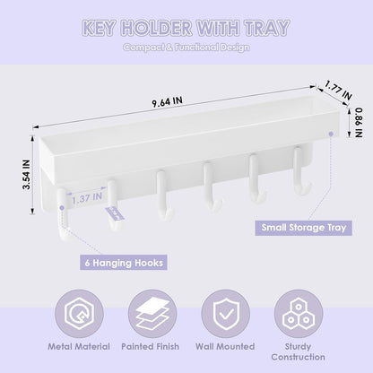 VIS'V Key Holder Wall Mount, Adhesive Key Rack with Tray, 6 Hooks, Black | 2 Mount Options, Compact Discreet Design, Suitable for Entryway, Hallway, Doorway, Kitchen, Garage, Camper