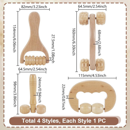 AHANDMAKER 4Pcs Massage Tool Set 4 Styles Wooden Gua Sha Tool, T-Shape Massage Roller, Therapy Trigger Point Massage Tool for Body, Face, Shoulder, Arm, Leg, Foot, Almond White