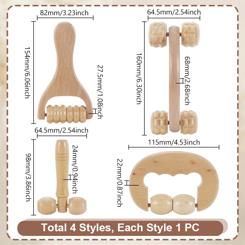 AHANDMAKER 4Pcs Massage Tool Set 4 Styles Wooden Gua Sha Tool, T-Shape Massage Roller, Therapy Trigger Point Massage Tool for Body, Face, Shoulder, Arm, Leg, Foot, Almond White