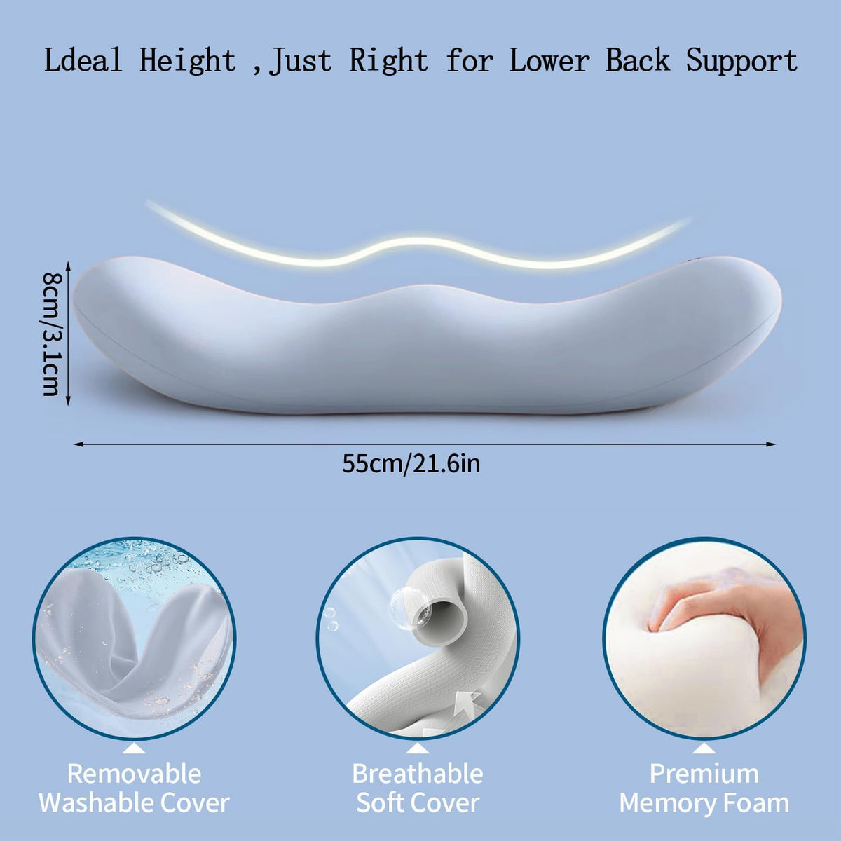 GDLKPS Sleep Lumbar Support Pillow is Used to Relieve Low Back Pain.Memory Foam Back Wedge Bolster Pillow for Side Sleepers for Car, Bed, Chair, Sofa Lower Back Pillow for Sleeping (Blue)
