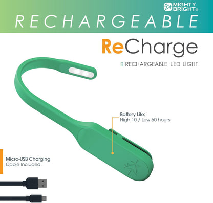 The Original Mighty Bright Recharge Clip On Rechargeable Book Light Reading Light, Warm Eye Care LEDs, Flexible, Durable, Dimmable, Perfect for Kids, Bookworms, Reading in Bed, Lasts 60 Hours (Green)