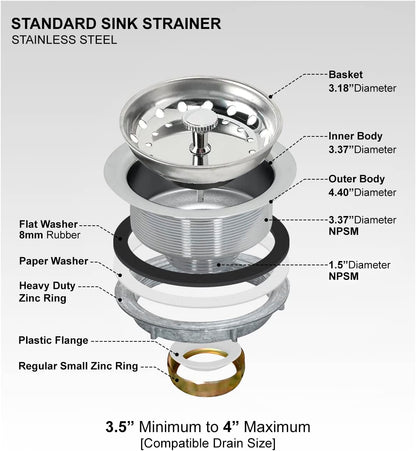 Highcraft 9733 Kitchen Sink (3-1/2'' Inch) Stainless Steel Drain Assembly With Strainer Basket-and Rubber Stopper, 3.5