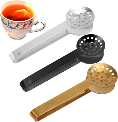 lasuroa 3pcs Tea Bag Squeezer Tongs, Stainless Steel Strainer Spoons Teabag Clips Tool Practical Strainer Tea Accessories (Black, Gold, Silver)