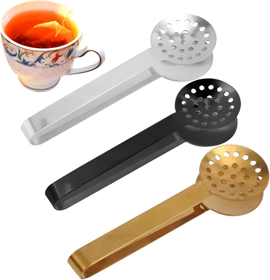 lasuroa 3pcs Tea Bag Squeezer Tongs, Stainless Steel Strainer Spoons Teabag Clips Tool Practical Strainer Tea Accessories (Black, Gold, Silver)