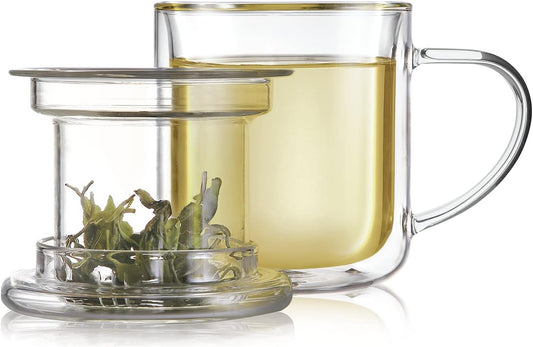Teabloom Heatproof and Insulated Borosilicate Glass Tea Cup with Infuser for Whole-Leaf Loose Tea – Tea Purist's Choice – Wellbeing Double-Walled Infusion Mug with Lid (8 oz)