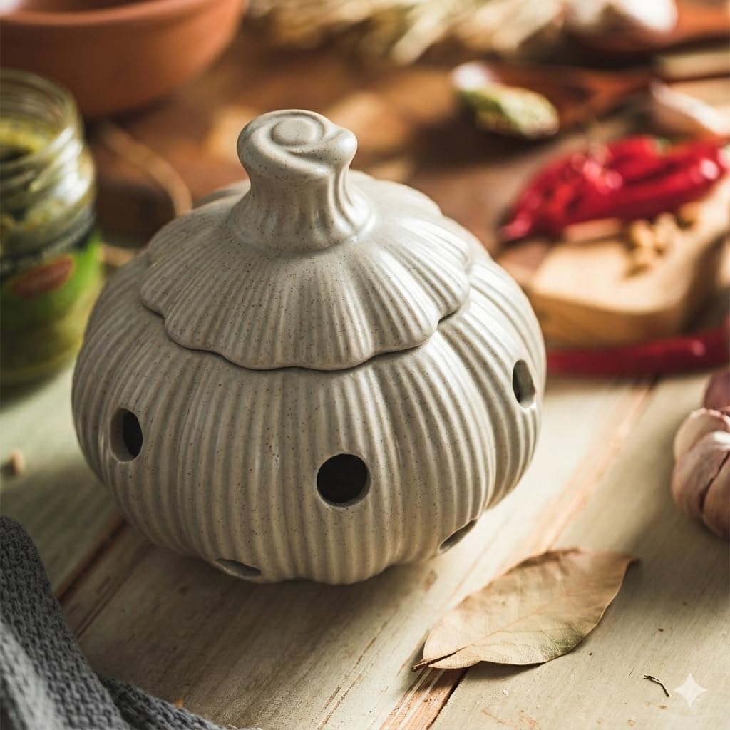 Garlic Storage Pod Ceramic Garlic Keeper with Lid Large Garlic Container for Counter, White