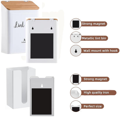 SUBEKYU Magnetic Lint Bin and Dryer Sheet Holder Set for Laundry Room,White | Wall Mounted Metal Lint Box Holder Trash Can,Lint Basket for Laundry Room Organization and Storage Decor
