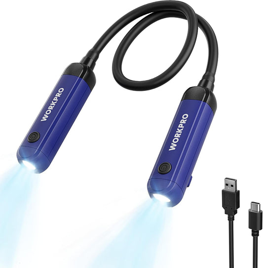 WORKPRO Rechargeable Neck Light, 3 Brightness Hands-Free Neck Work Light | Hands-Free Bendable Silicone Arm, Neck Flashlight Lamp, for Mechanics, Camping, DIY Projects, Crafting, Blue and Black