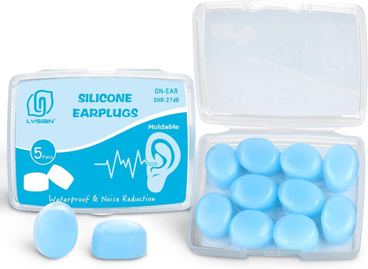 LYSIAN Moldable Silicone Ear Plugs for Sleep and Swim, 5 Pairs, Blue