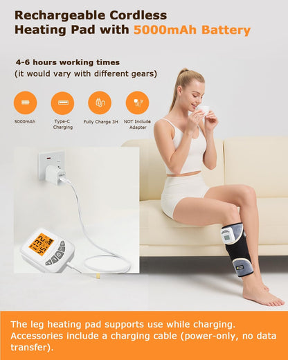 Cordless Leg Massager for Circulation and Pain Relief - 5000mAh Portable Heating Pad for Leg and Calf with 3-Level Vibration Massage, 104-140℉ Adjustable Temperature & 30/45/60 Min Timer