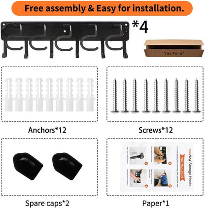 YueTong 68" All Metal Garden Tool Organizer,Adjustable Garage Wall Organizers and Storage,Heavy Duty Wall Mount Holder with Hooks for Broom,Rake,Mop,Shovel(4 Pack)