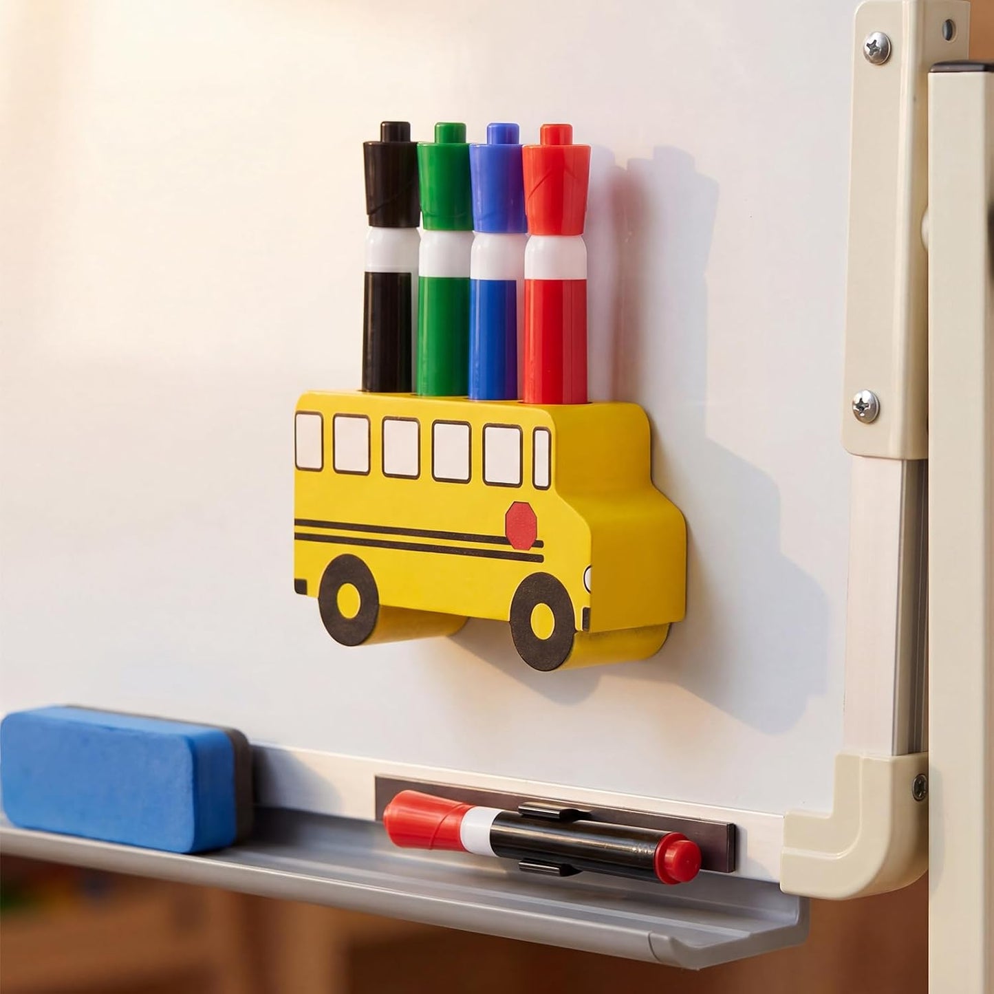 School Bus Magnetic Marker Holder, Back to School Classroom Supplies, Teacher Appreciation Gift Dry Erase Marker and Eraser Storage Organizer for Whiteboard Fridge Locker
