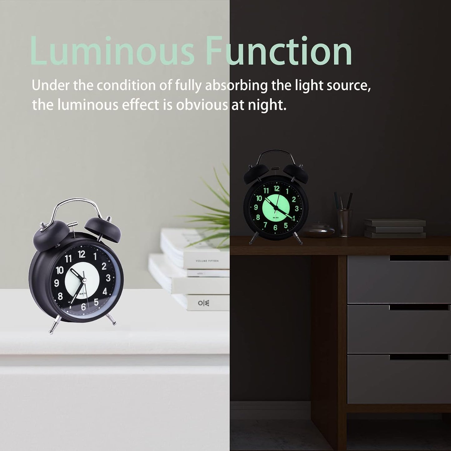 Alarm Clock Luminous 4 "Round Silent Analog Table Clock Non-Ticking, Battery Operated with Loud Alarm and Night Light Small Desk Clock for Bedroom, Bedside Table
