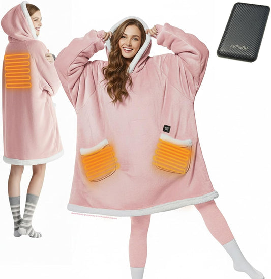 Cordless Heated Wearable Blanket Hoodie, Oversized Portable, Pink