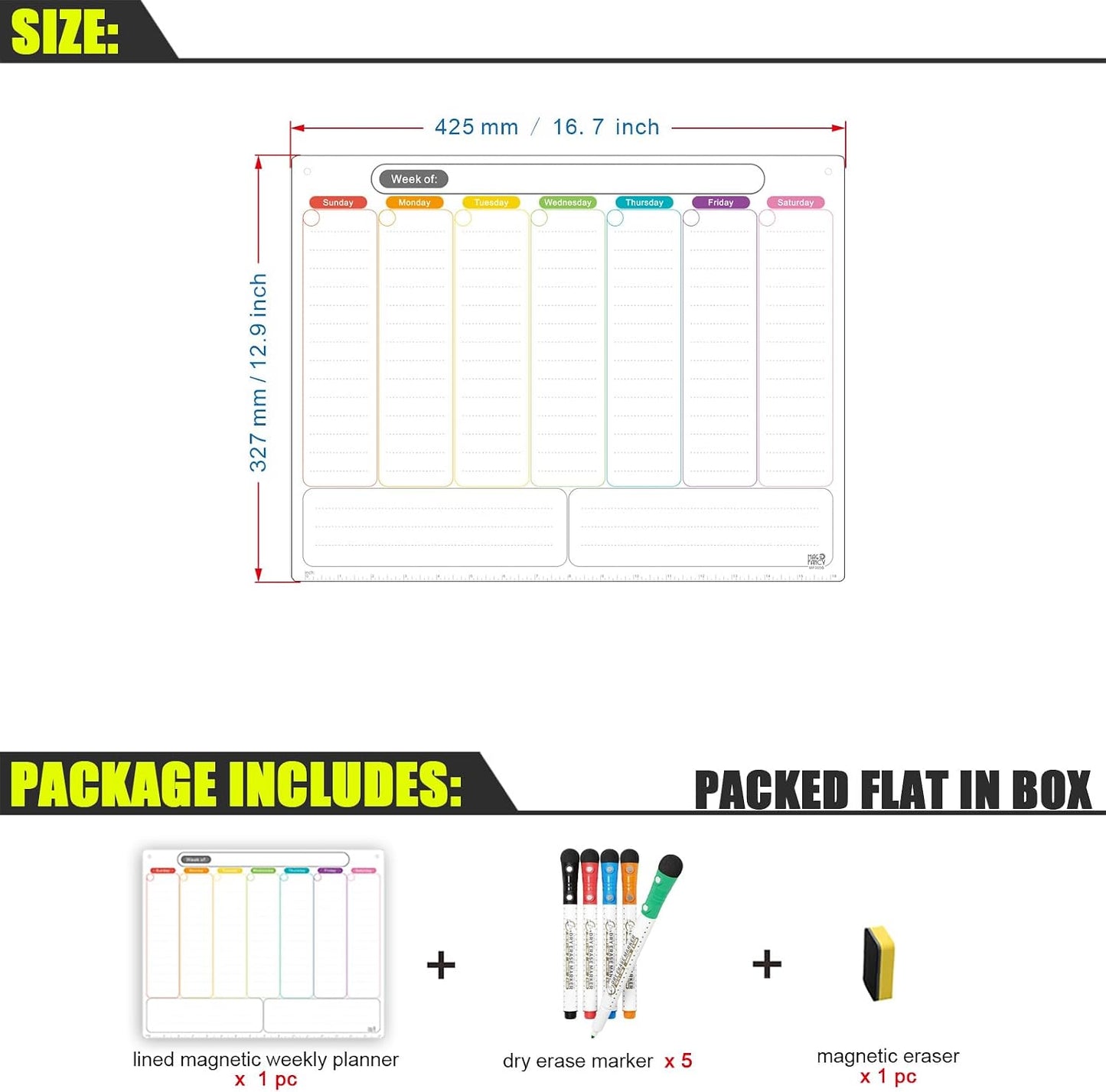 Magnetic Calendar for Fridge, Dry Erase Weekly Planner, 13" x 16.9" | Strong Magnetic Hold, Vertical Weekly Layout, Large Daily Spaces, Easy to Clean, Color-Coded, Dual-Magnet Markers & Eraser