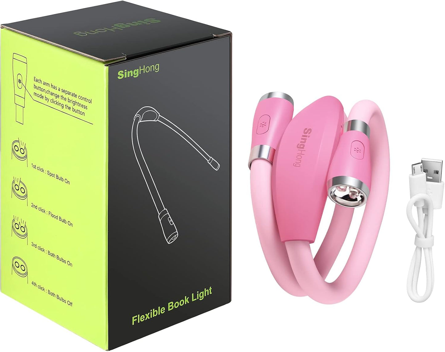 Neck Book Light LED Reading Lamp USB-C Rechargeable, Hands Free, 4 LED Bulbs, 4 Adjustable Brightness, for Reading in Bed or Reading in Car (Green)