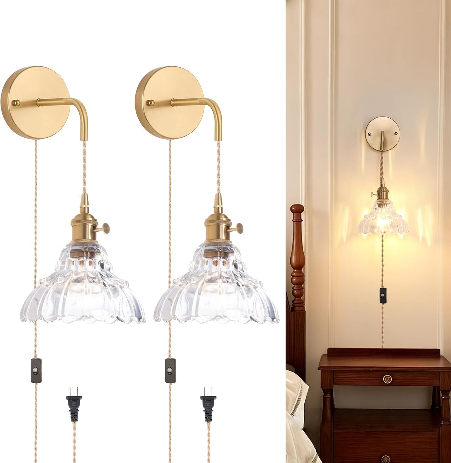 Shenmoyl Battery Operated Wall Sconce Wall Lamp with Green Lily of the Valley Shade Pattern Glass Adjustable Chain Retro Gold Wall Mounted Light, Modern Wall Lamp Fixtures Decor for Bedside Bedroom