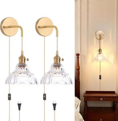 Shenmoyl Battery Operated Wall Sconce Wall Lamp with Green Lily of the Valley Shade Pattern Glass Adjustable Chain Retro Gold Wall Mounted Light, Modern Wall Lamp Fixtures Decor for Bedside Bedroom