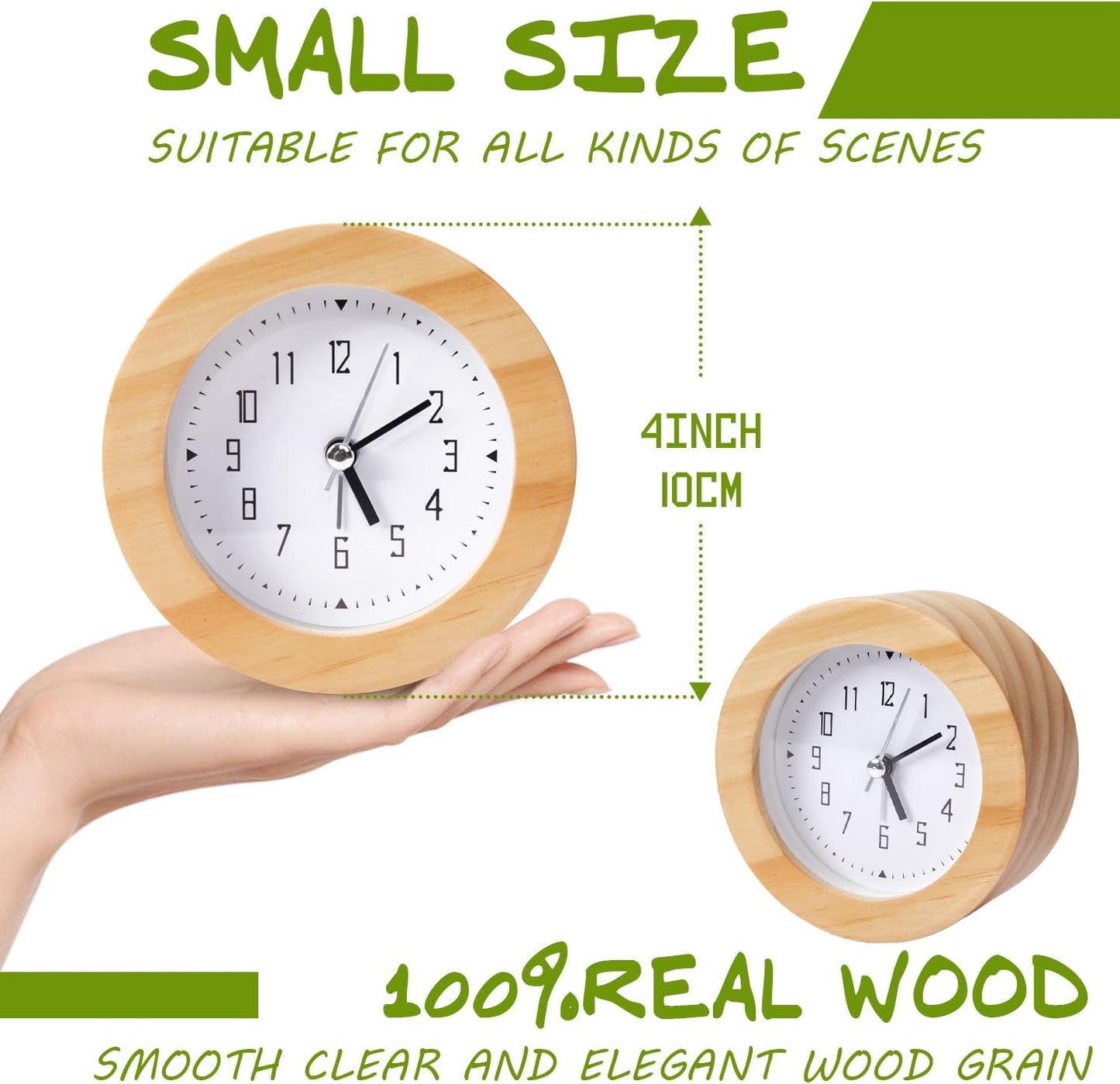 Wooden Analog Alarm Clock Silent Non-Ticking Desk Clock Battery Operated Table Clock with Nightlight for Bedroom,Children's Room, Living Room,Natural(4Inch)