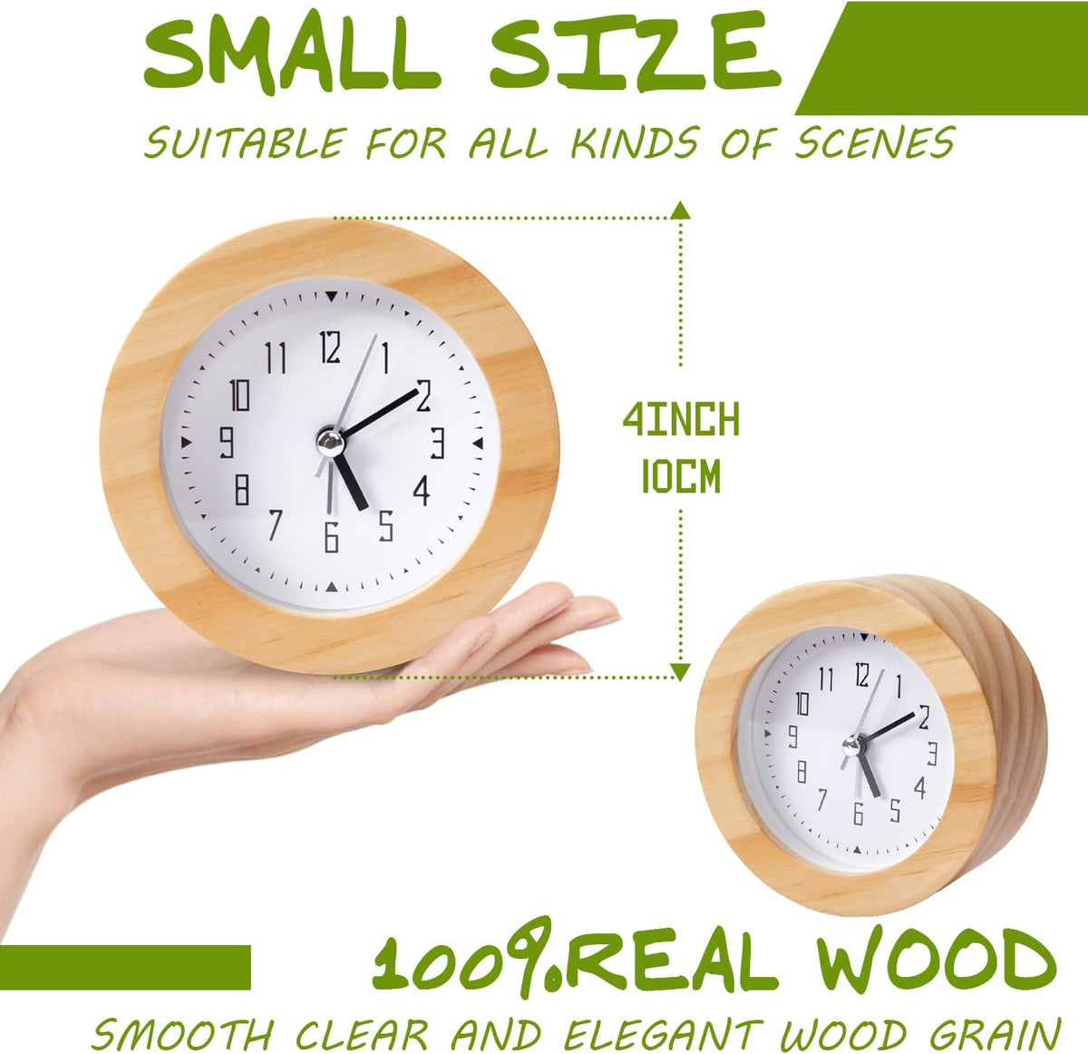 Wooden Analog Alarm Clock Silent Non-Ticking Desk Clock Battery Operated Table Clock with Nightlight for Bedroom,Children's Room, Living Room,Natural(4Inch)