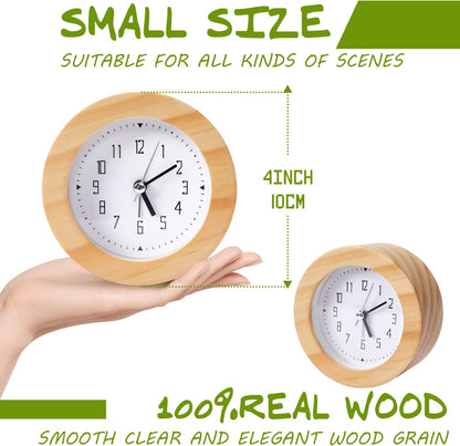 Wooden Analog Alarm Clock Silent Non-Ticking Desk Clock Battery Operated Table Clock with Nightlight for Bedroom,Children's Room, Living Room,Natural(4Inch)