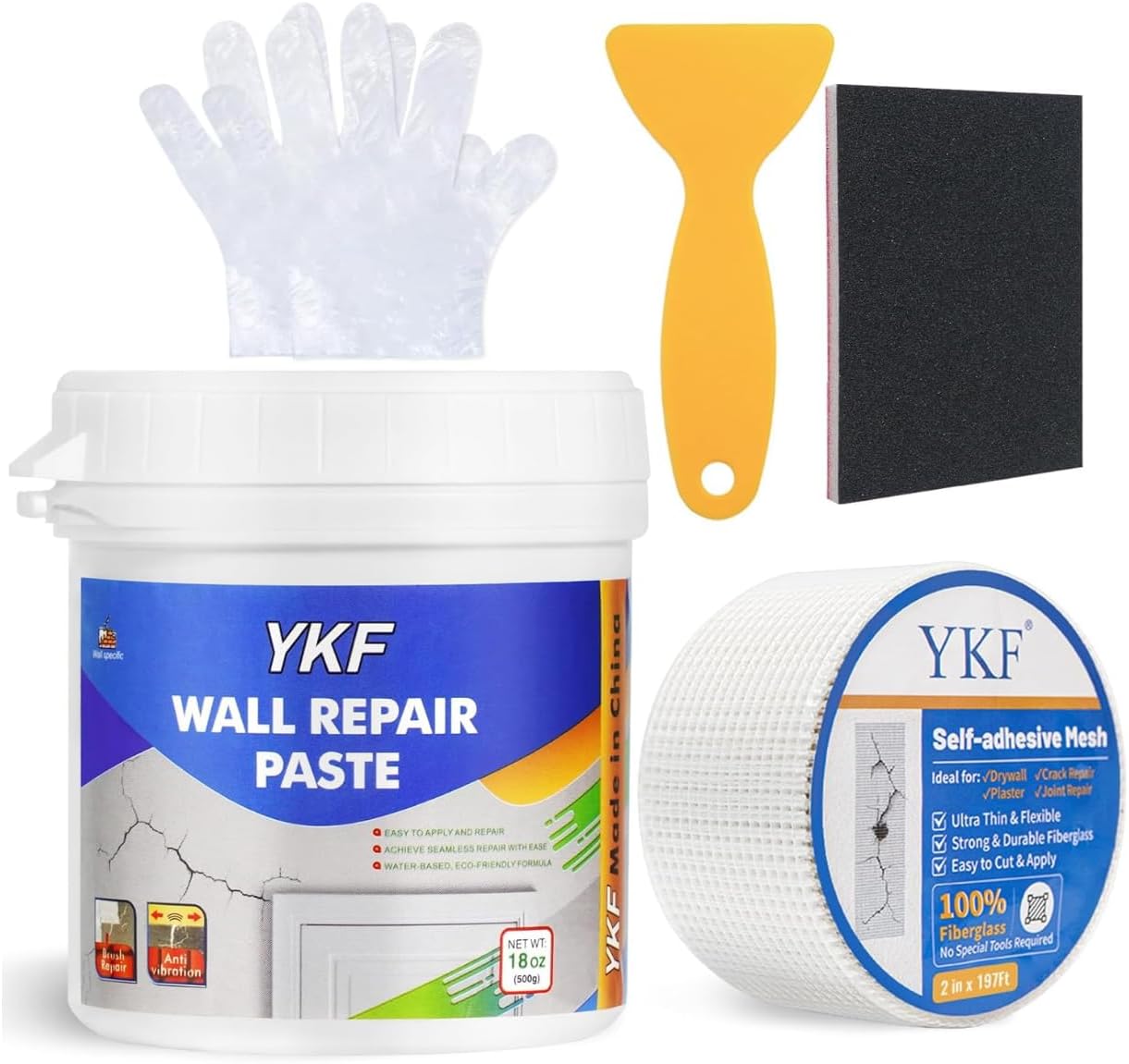 YKF Drywall Repair Kit, 18 oz Ready to Use Quick Dry Wall Repair Paste with Scraper and Self-Adhesive Mesh, White Spackle Putty for Small Holes, Nail Holes, Dents and Cracks
