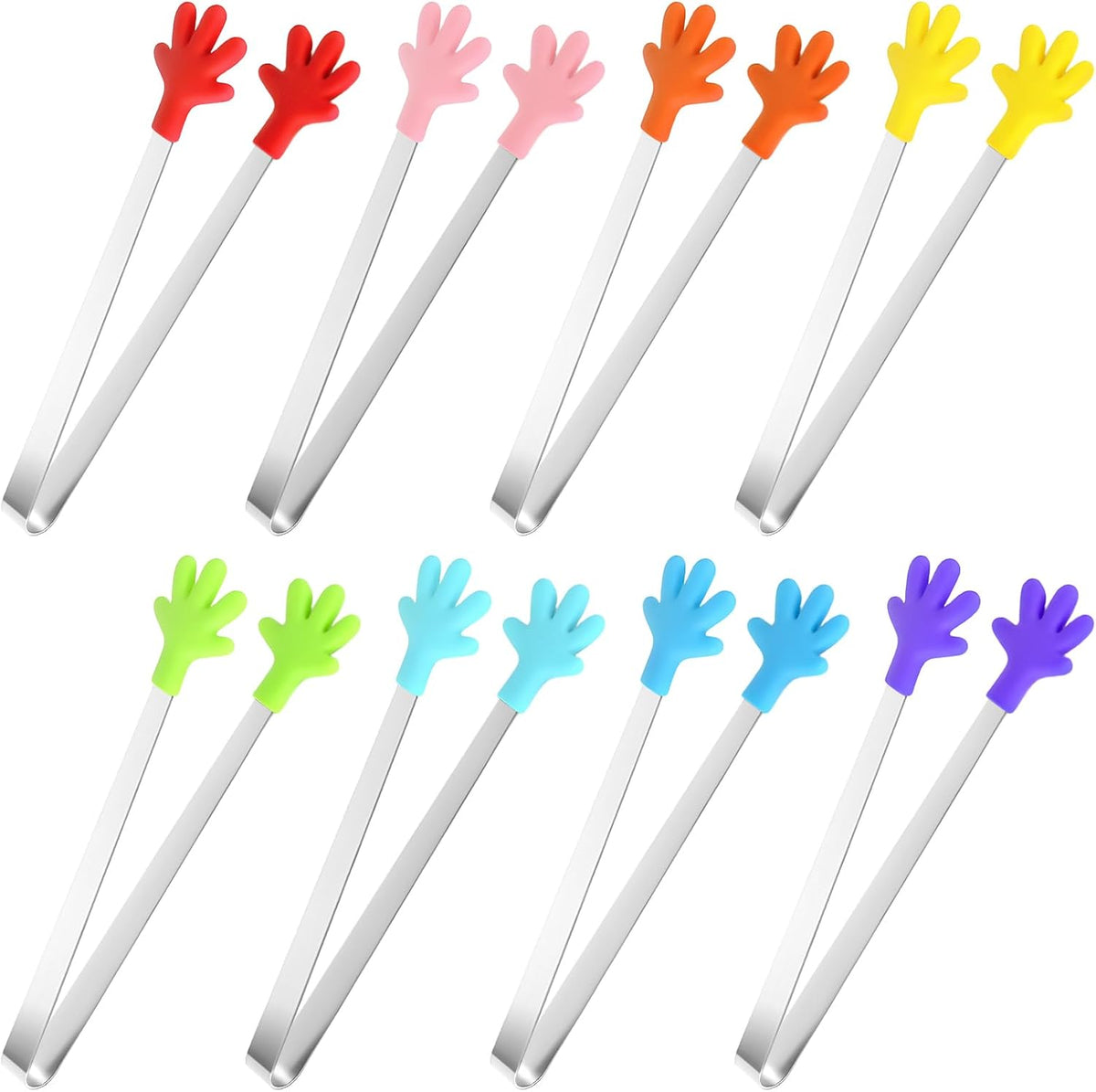 8PCS Mini Food Tongs, Small Stainless Steel Tongs with Silicone Tips, for Ice Cube, fruits, Sugar, Barbecue, 5.3 inch，8 Colors (Heart shape)