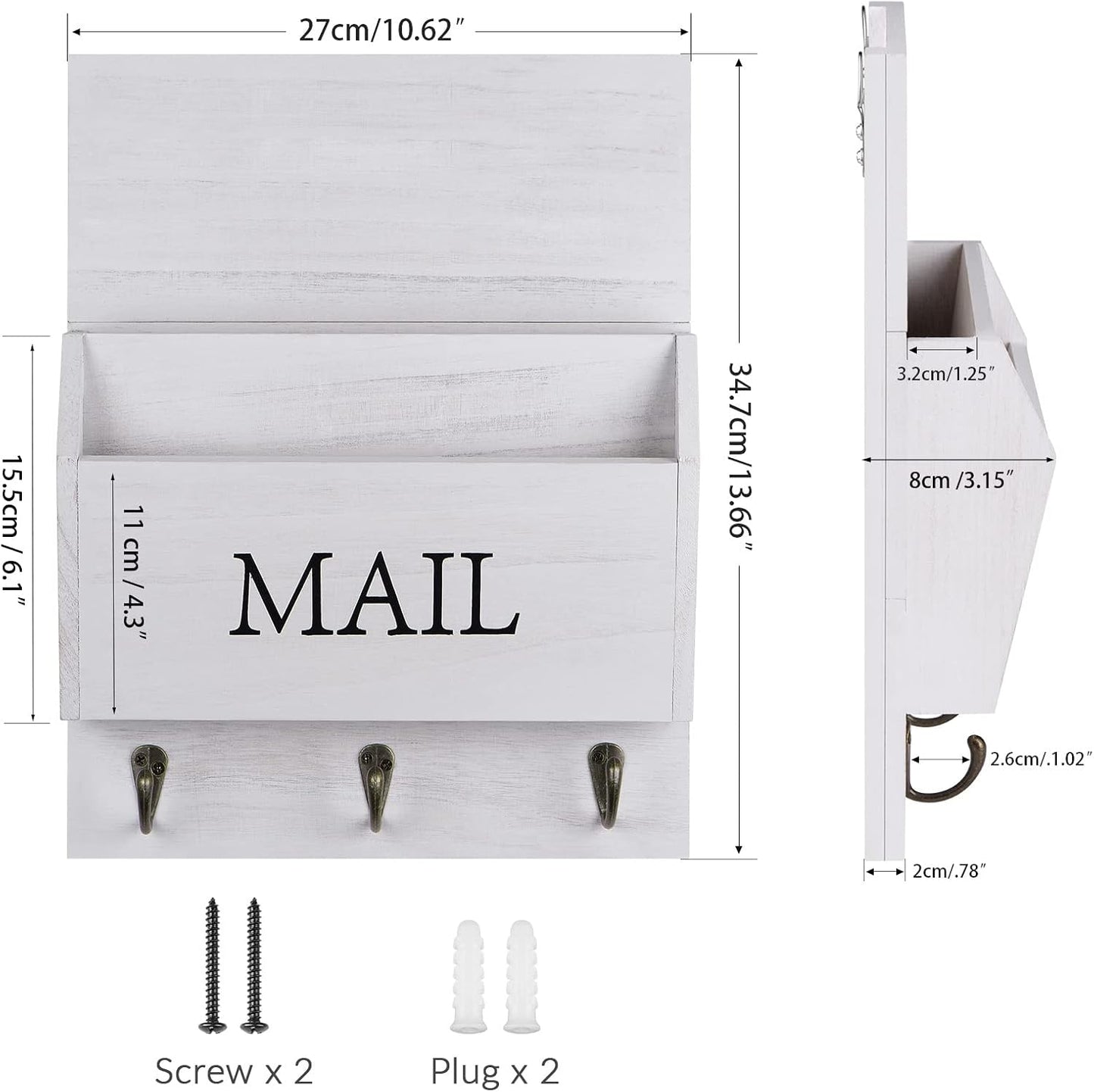 DLQuarts Solid Wood Mail Organizer with Key Holder for Wall, Mail Sorter Wall Mounted, Decorative Wooden Key and Mail Holder with 3 Hooks, White