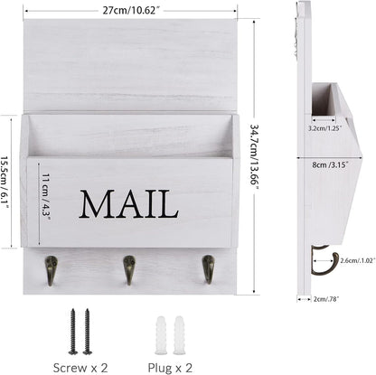 DLQuarts Solid Wood Mail Organizer with Key Holder for Wall, Mail Sorter Wall Mounted, Decorative Wooden Key and Mail Holder with 3 Hooks, White