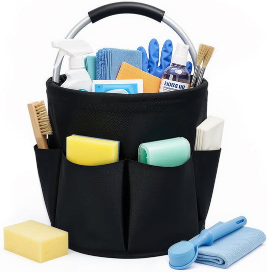 Cleaning Caddy with Handle, 17L Foldable Storage Basket, Heavy Duty 600D Oxford Cloth Organizer, Portable Supply Bag, Multi-Purpose Supplies Caddy for Home, Bathroom, Kitchen, Garden - Black