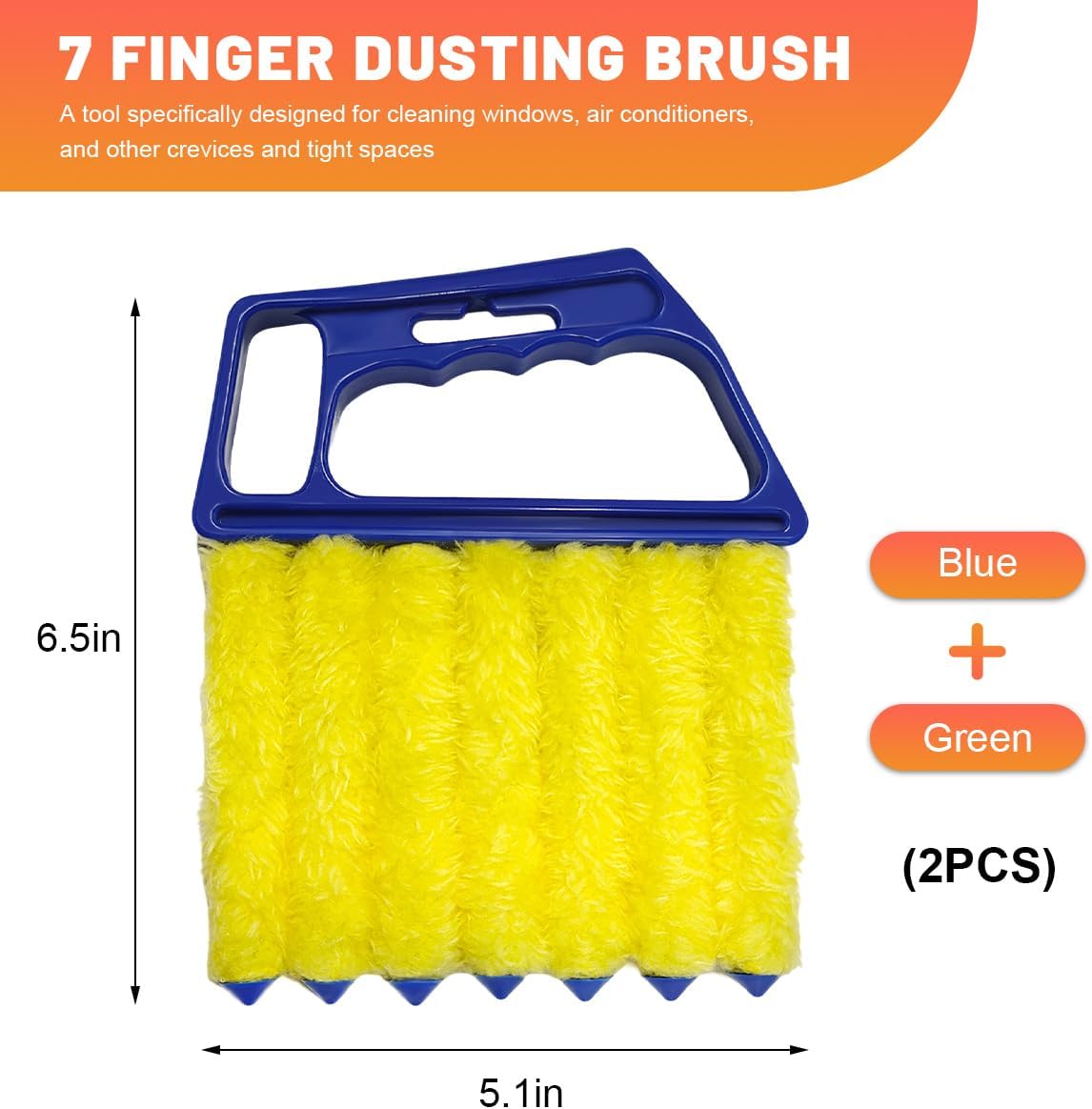 Sun Walker 2 PCS Blind Cleaner Duster Tool, 7-Finger Auto Dusting Cleaner Brush with Ergonomic Handle, Handheld Mini Duster Brush for Window Shutters Air Conditioner, Car Accessories (Orange+Yellow)