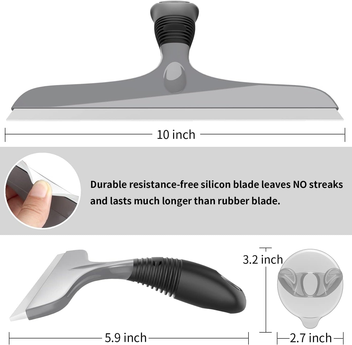 MR.SIGA Silicone Squeegee for Shower Doors, 10 inch, White & Gray, 2 Pack | Shower squeegee for glass doors, streak free squeegee for windows, showers and glass surfaces, includes suction hook