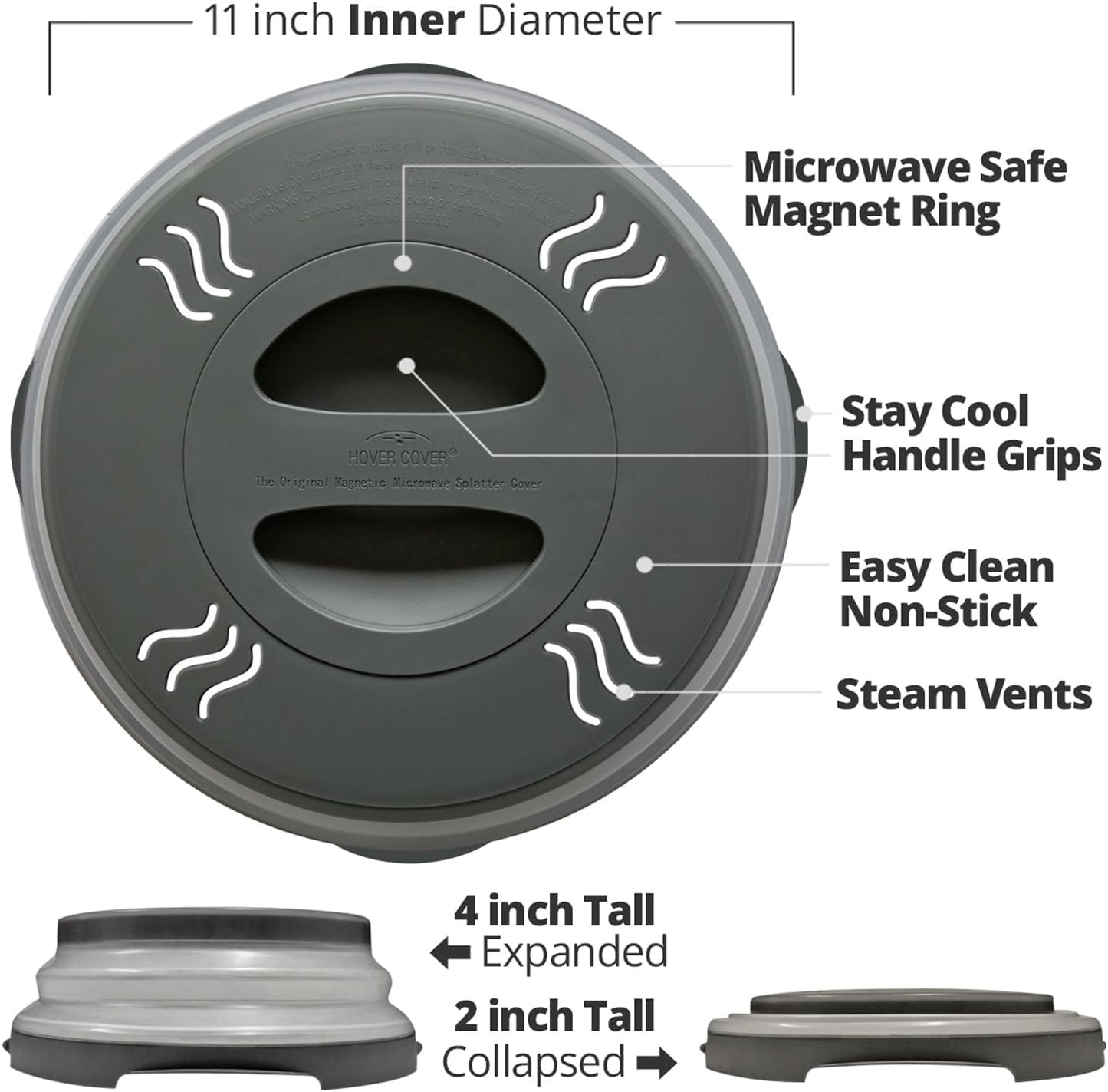 HOVER COVER Magnetic Microwave Splatter Cover 12" Collapsible - 2 pack Gray | High Power, Stronger Magnetic Grip, BPA-Free Lid, Vented Plate Guard with Steam Vents, Dishwasher Safe, Space-Saving Storage