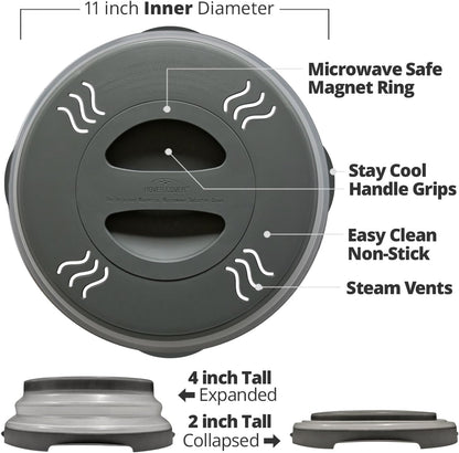 HOVER COVER Magnetic Microwave Splatter Cover 12" Collapsible - 2 pack Gray | High Power, Stronger Magnetic Grip, BPA-Free Lid, Vented Plate Guard with Steam Vents, Dishwasher Safe, Space-Saving Storage