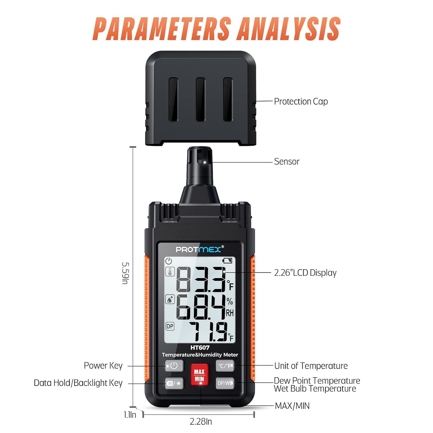 HT607 Temperature Humidity Meter - Large LCD Backlight with Cover Protector | High-Precision Digital Hygrometer with Ambient, Relative Humidity, Dew Point, Wet Bulb Thermometer, Min/Max Hold