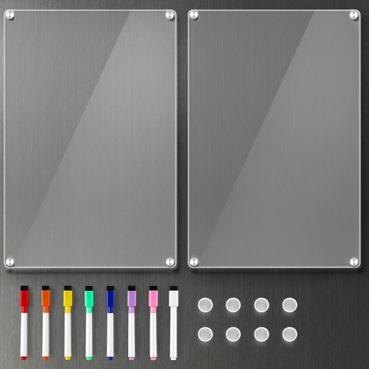 2 Pack 12''*8'' Acrylic Magnetic Planning Board Set, Clear Weekly Meal Planner with Whiteboard Memo, Menu Board for Kitchen with 8 Color Markers, Dry Erase Board for Shopping Grocery List/to Do List