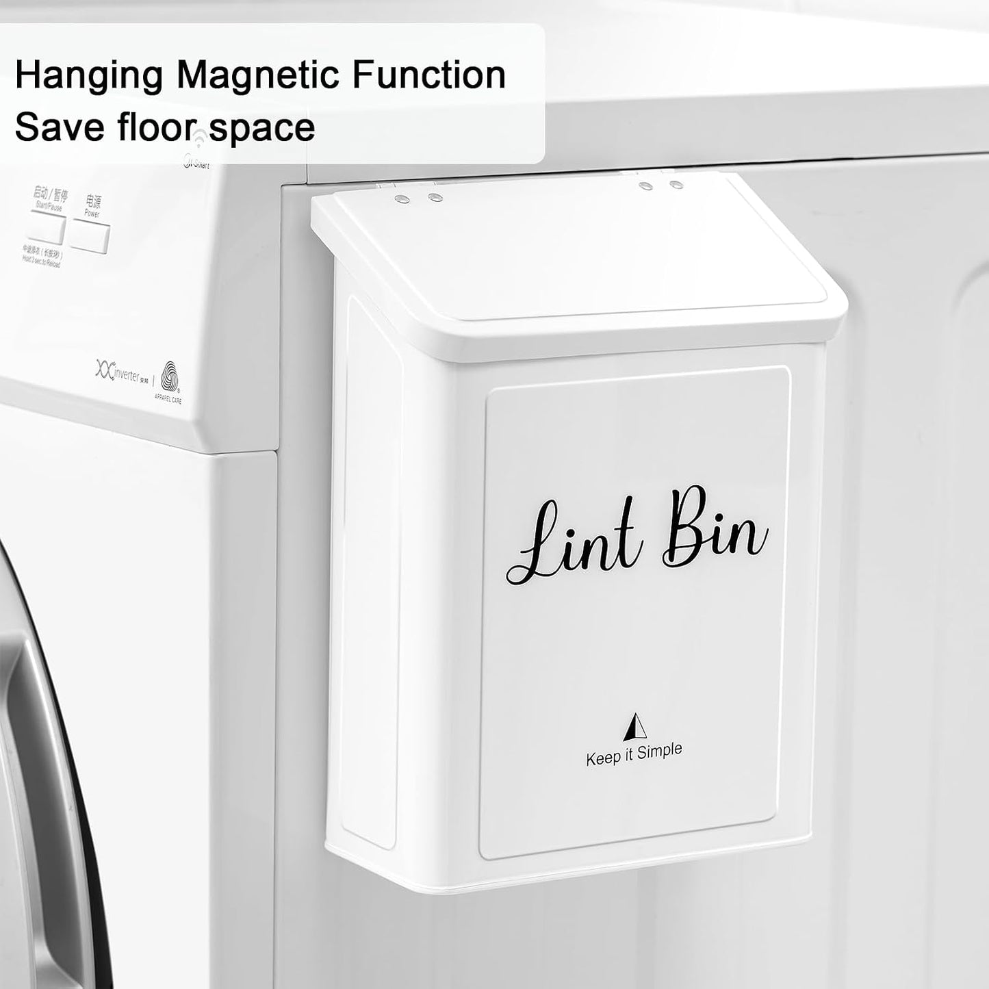 SUBEKYU Magnetic Lint Bin for Laundry Room Organization and Storage,White | Wall Mounted Metal Lint Box Holder Trash Can with Lid for Dryer,Lint Basket for Laundry Room Decor