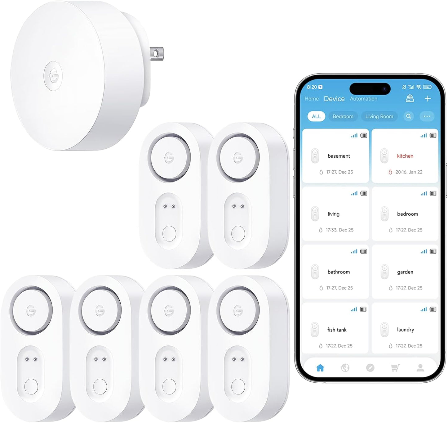 GoveeLife Upgraded Smart Water Leak Detector 1s with High Alarm, 4 Pack | 1804ft Ultra-Long Range, WiFi Water Sensor with SMS/Email/APP Push, 5Yr Battery Life,IP67, Suit for Home, Basement, Kitchen