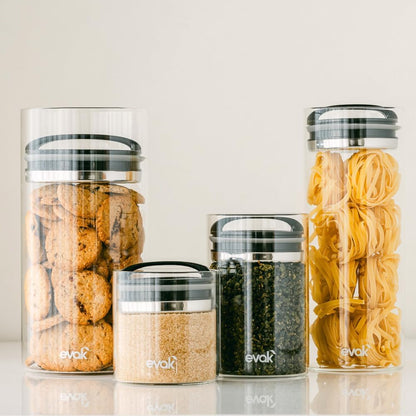 Prepara Evak Compact Glass Food Storage, Small, Black | Borosilicate Glass Container Vacuum Seal Lid & Black Handle, Odor & BPA-Free, Ideal for Coffee, Tea, Pantry Dry Goods