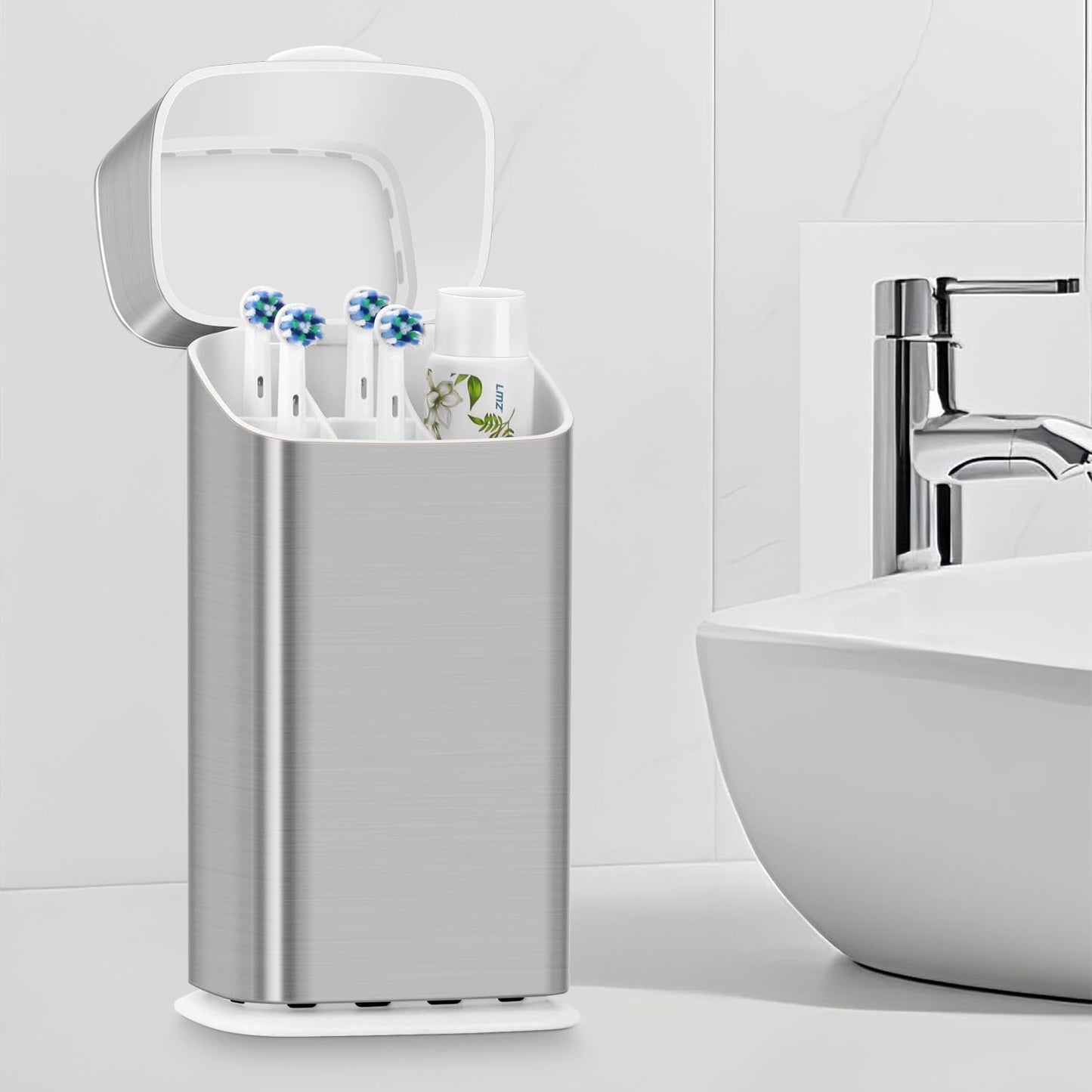 GFWARE Electric Toothbrush Holder with Cover, Ventilated & Drainage, Silver | Detachable 5 Slots Bathroom Organizer for Toothbrush & Toothpaste, Waterproof & Dustproof, Electric Toothbrushes Under 10 In