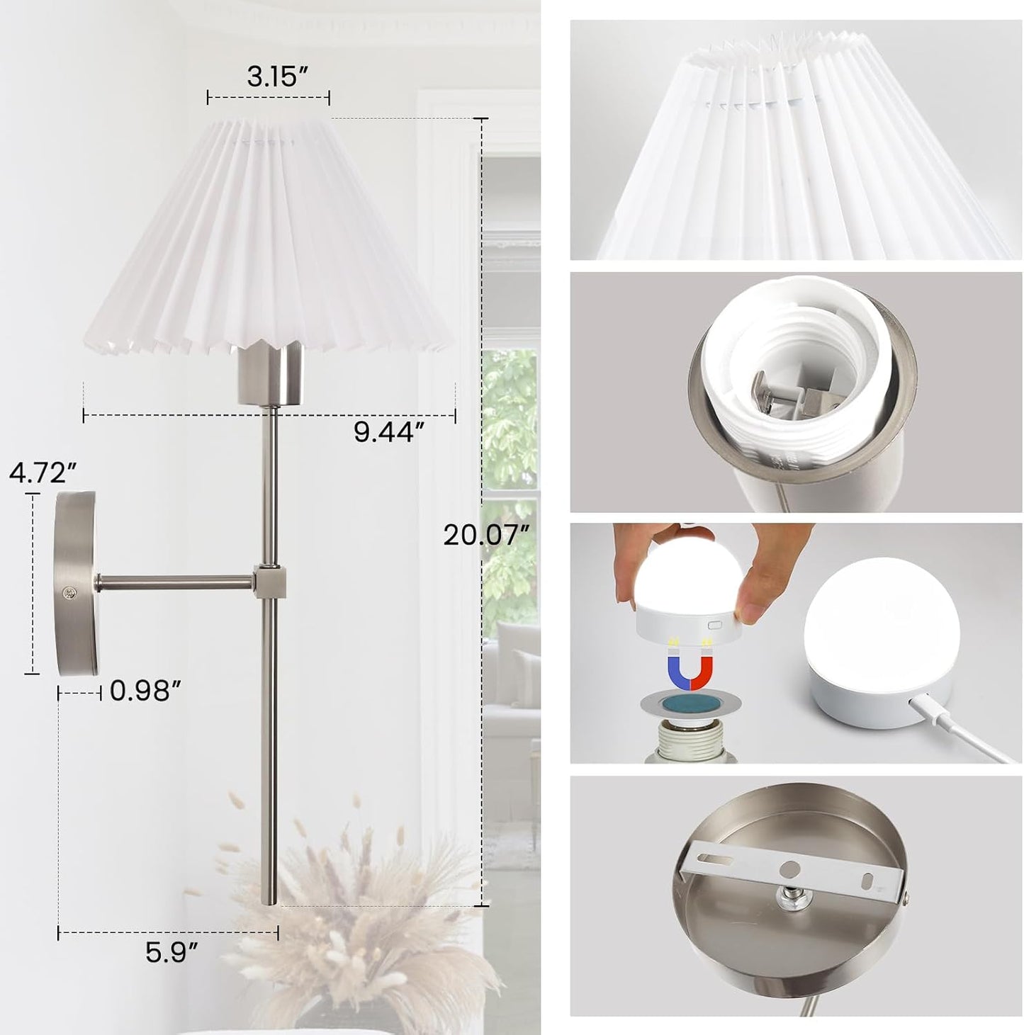 Rechargeable Battery Operated Wall Sconce Sets of 2, 15 Colors Wireless gooseneck Black Wall Lights Fixture with Dimmable Bulbs and Remote, Not Hardwired Wall Mounted Lamps for Bedroom Living Room
