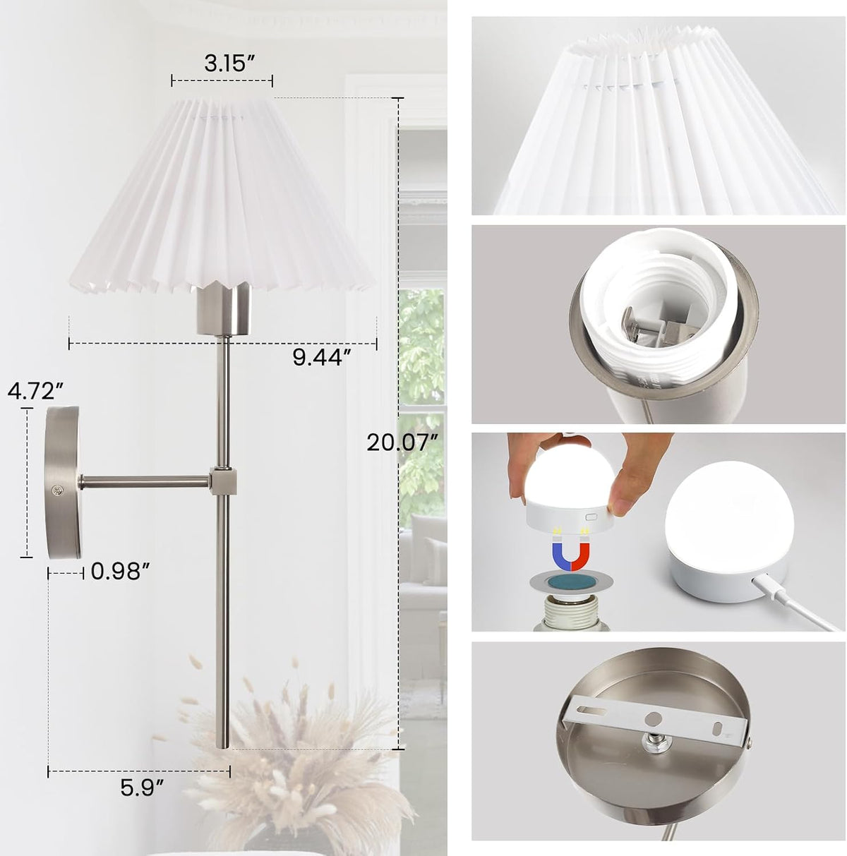 Rechargeable Battery Operated Wall Sconce Sets of 2, 15 Colors Wireless gooseneck Black Wall Lights Fixture with Dimmable Bulbs and Remote, Not Hardwired Wall Mounted Lamps for Bedroom Living Room