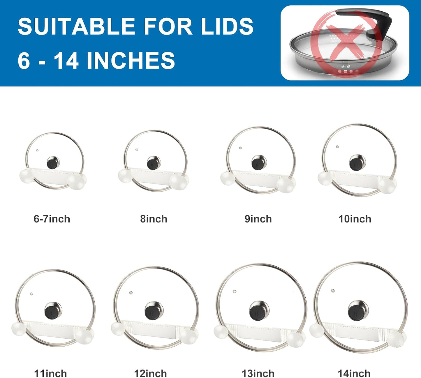YONGAIJIA 4 Pack Adjustable Pot Lid Holder, Pan Cover Organizer Fits 6" to 14" Lid, Adhesive Wall Mount Pots Lid Storage for Kitchen Cupboard, Cabinet Door, White, BPA-Free Plastic